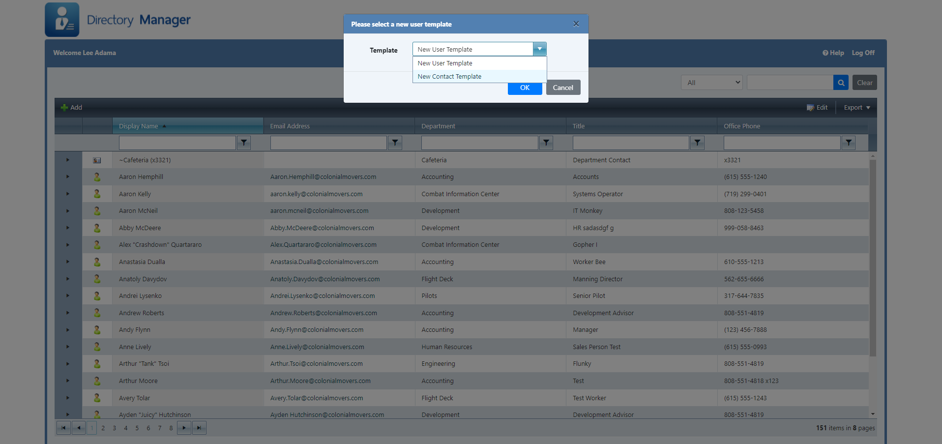 Directory Manager Advanced - Selecting a user template
