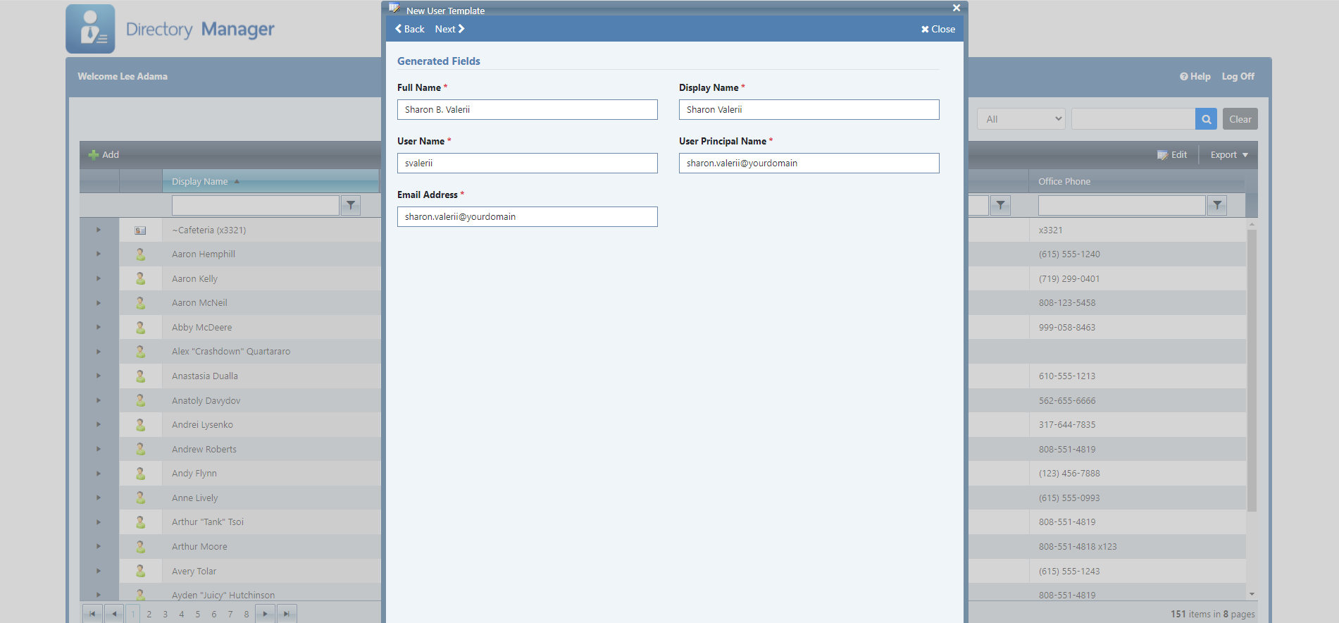 Directory Manager Advanced - User Creation page - Ithicos