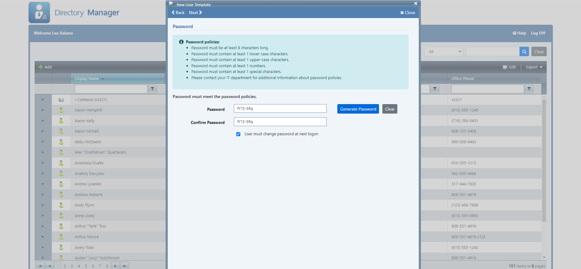 Directory Manager Advanced - User Account Password Creation page  - Ithicos