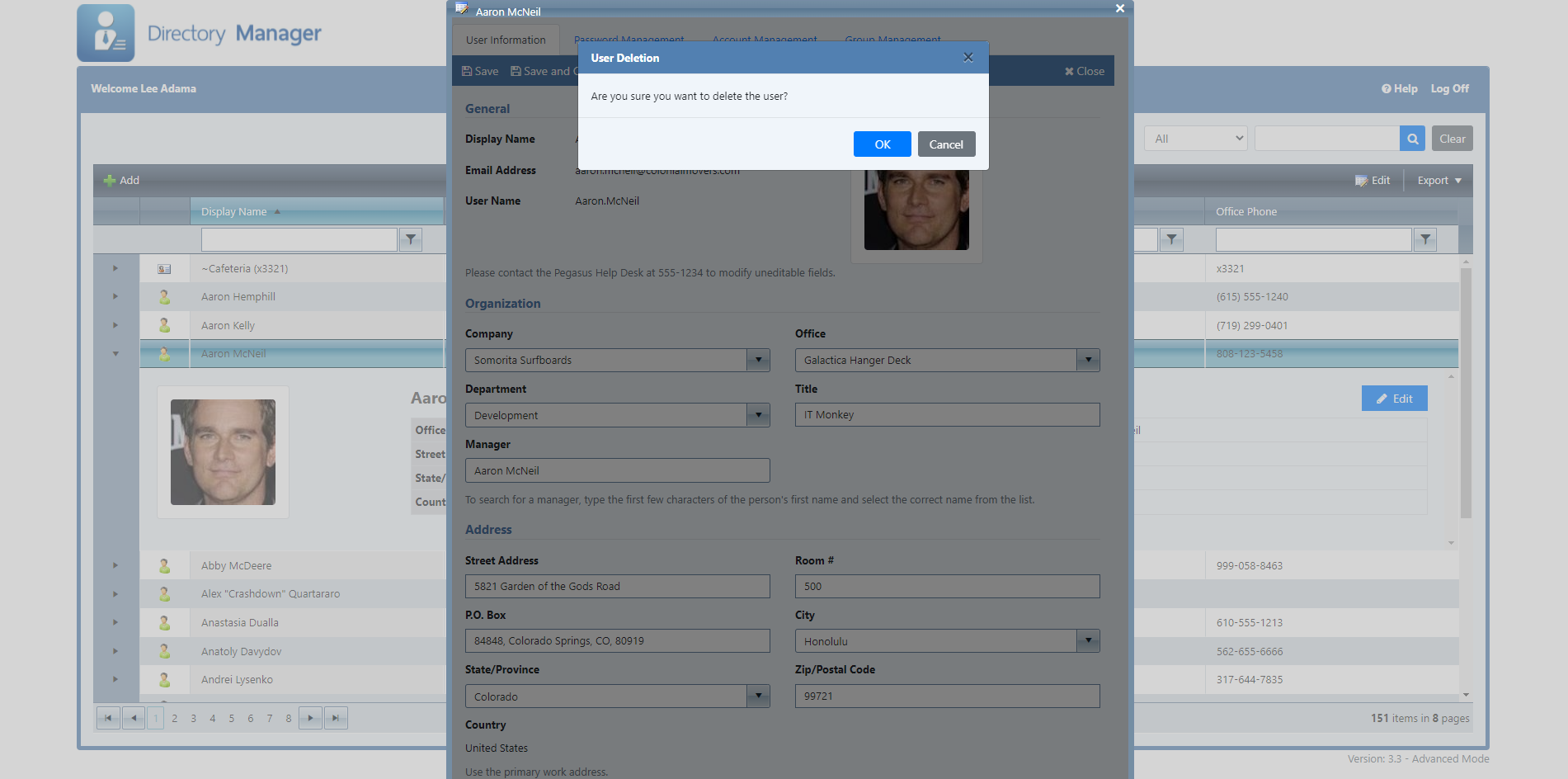 Directory Manager Advanced - User Deletion page - Ithicos