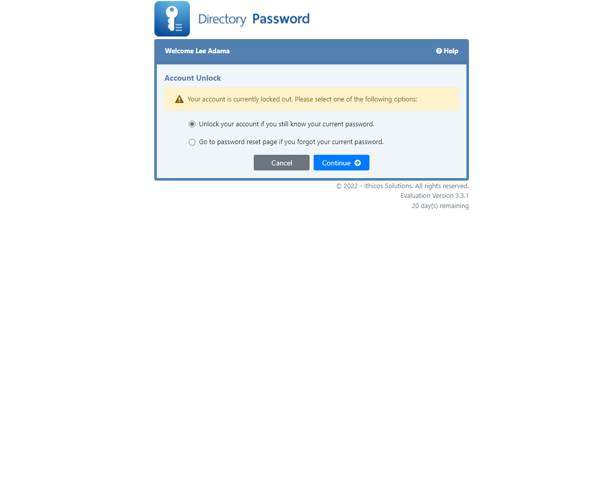 Directory Password - Account Unlock page - Ithicos