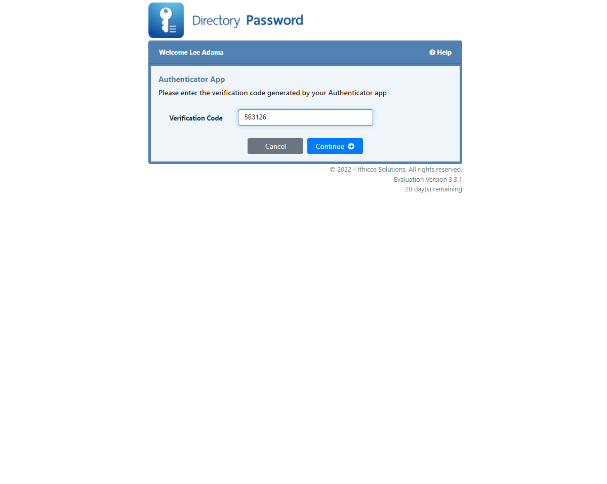 Directory Password - Authenticator App page - Ithicos