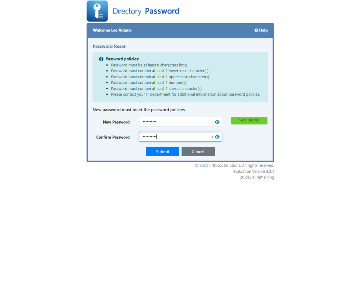 Directory Password - Password Reset page - Ithicos
