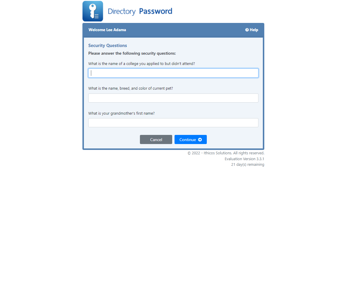 Directory Password - Security Question page - Ithicos
