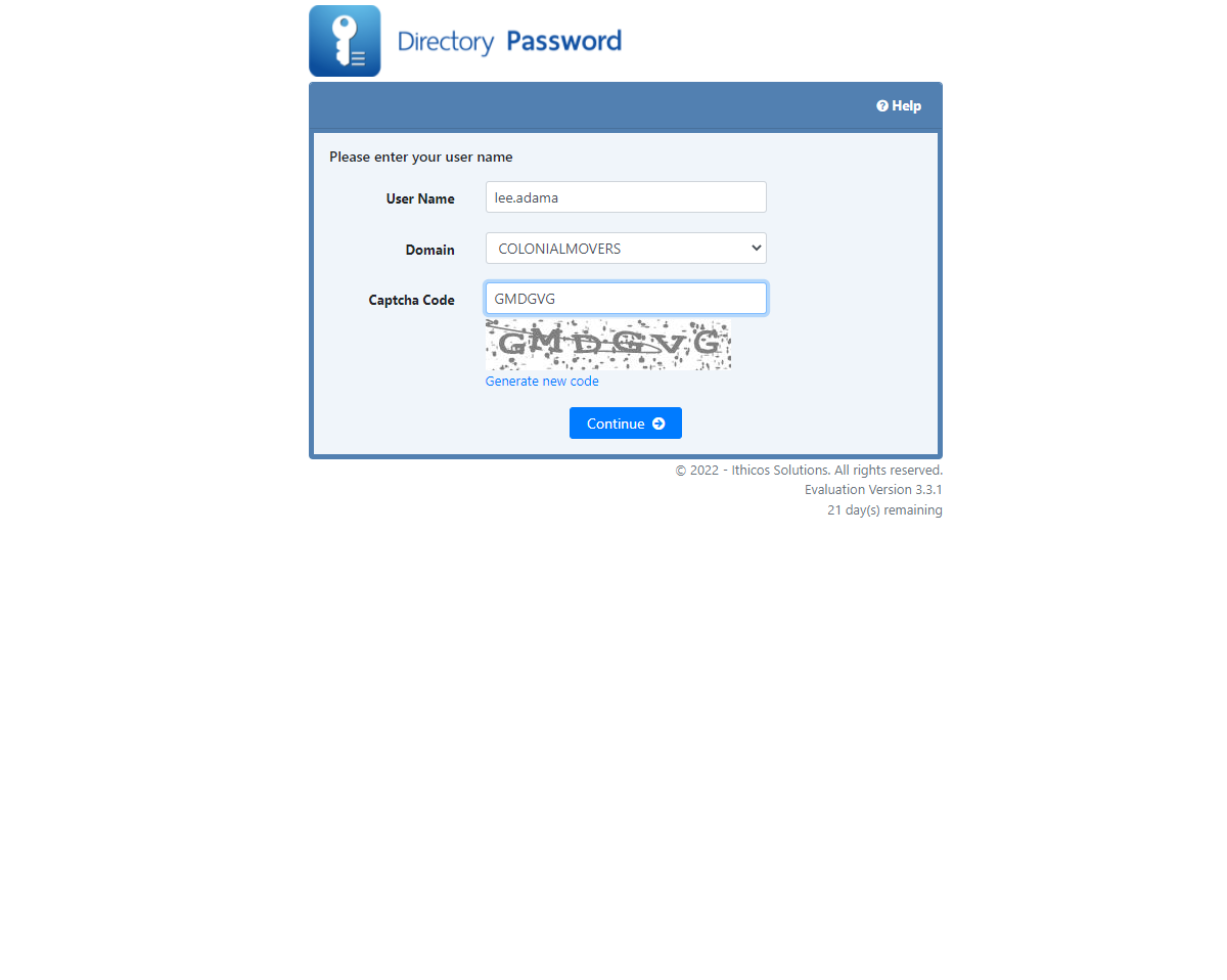 Directory Password - User Identity page - Ithicos