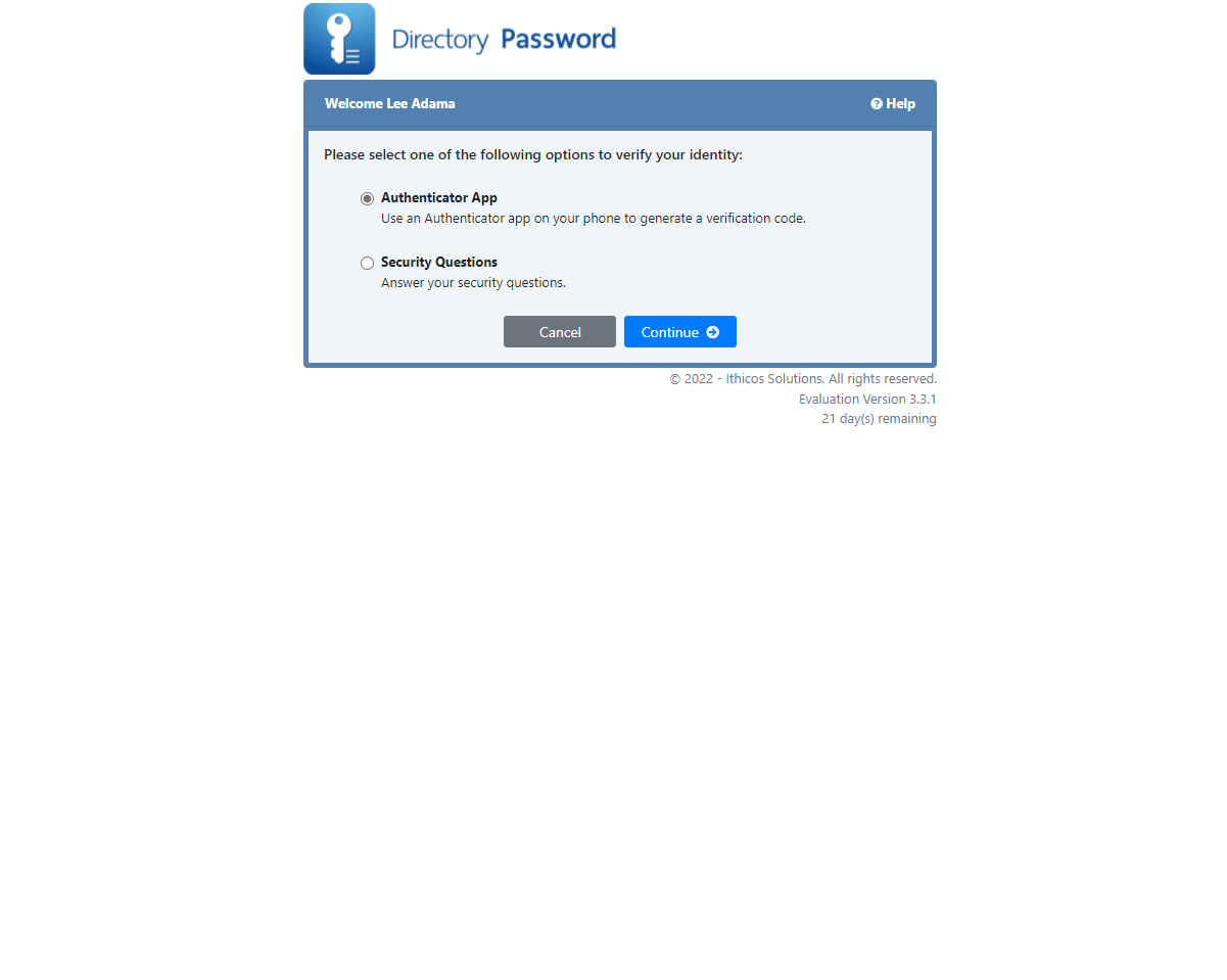 Directory Password - User Verification Option page - Ithicos