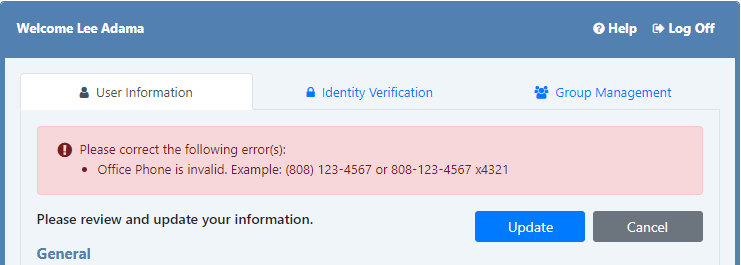 Directory Update - Phone number format message